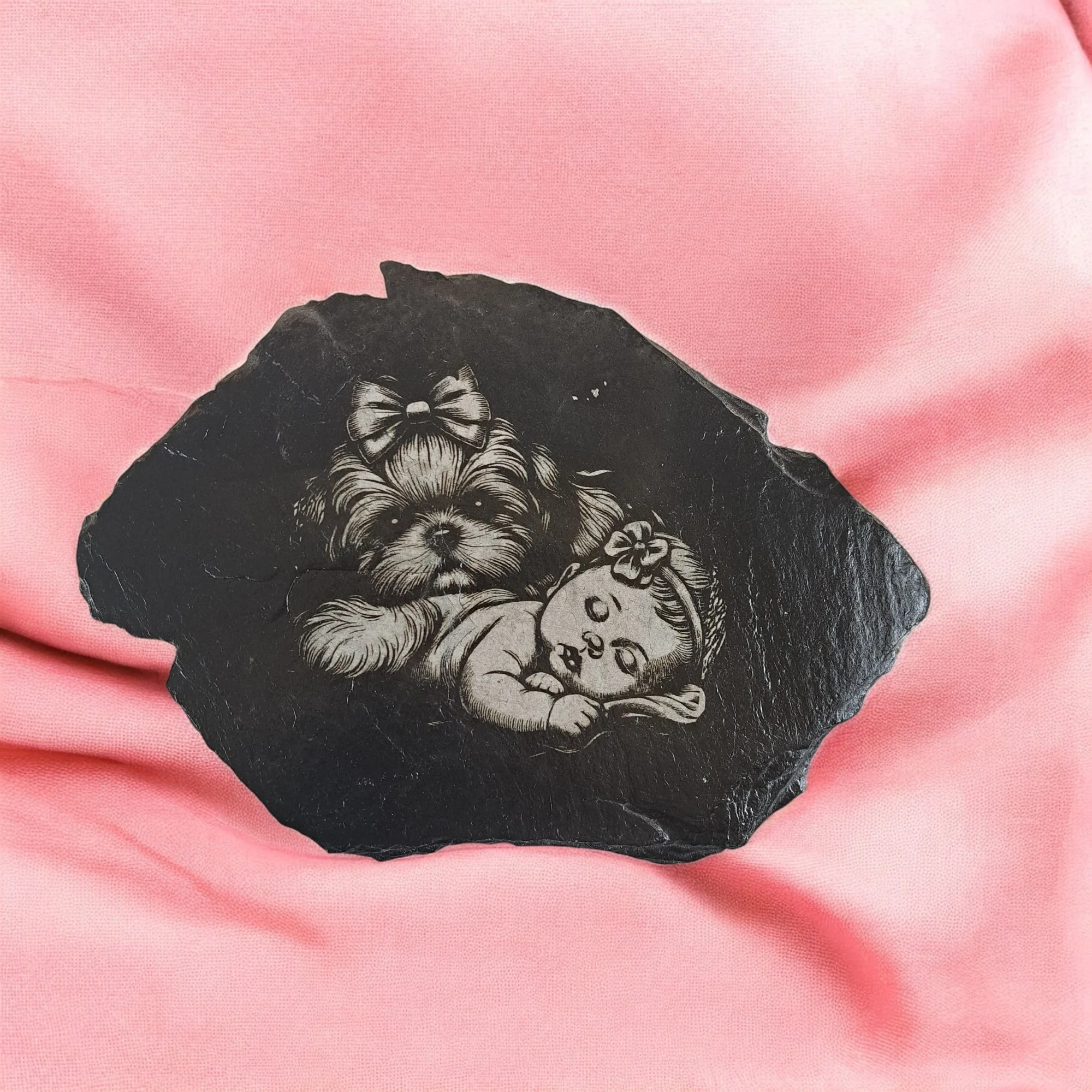 "Watching over Baby" - Shih Tzu puppy with Baby - Engraved Slate